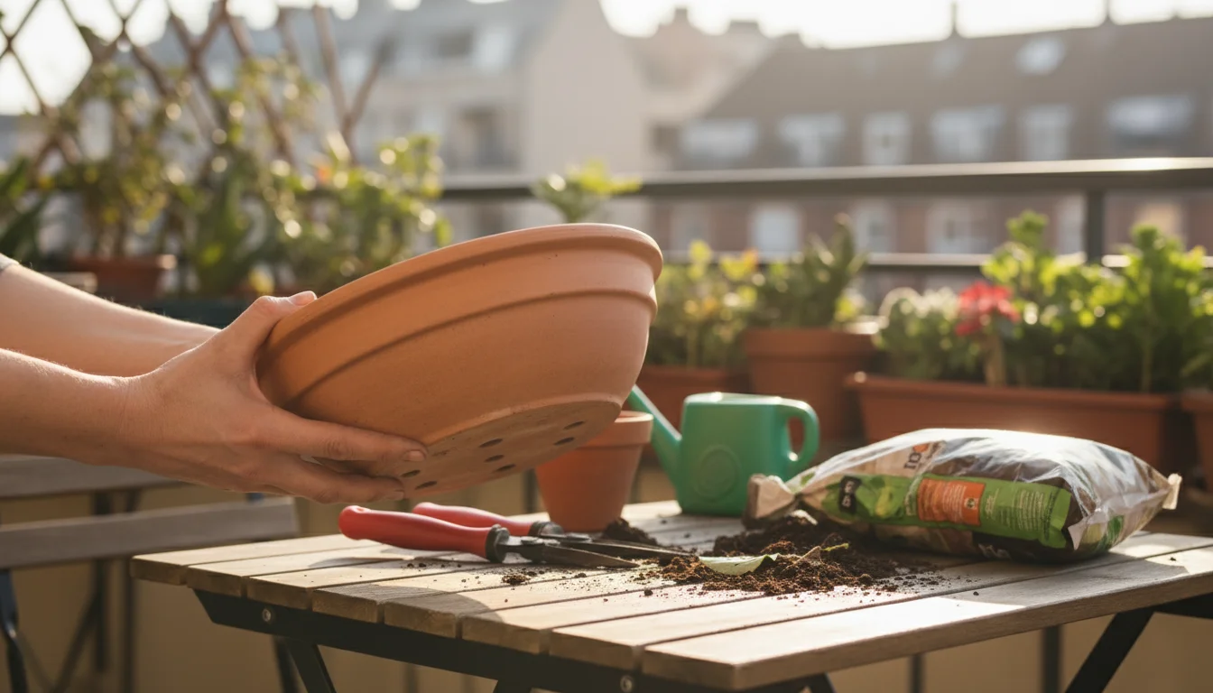 Hands inspect a wide terracotta bowl with visible drainage holes on a wooden table, next to rectangular and round planters.