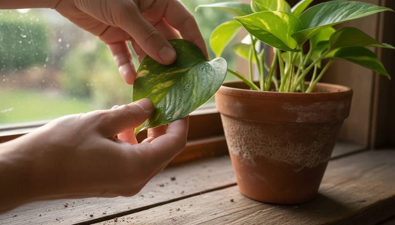 Hands carefully inspect the underside of a Pothos leaf on a windowsill, revealing sticky residue and tiny white pests, with a spray bottle nearby.
