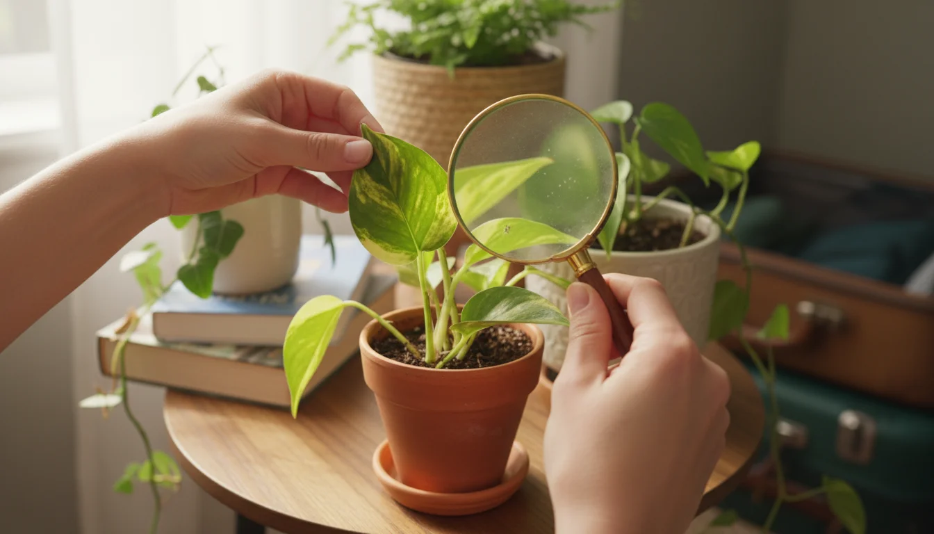 Hands carefully inspect the underside of a small houseplant leaf for pests on a table near a window.