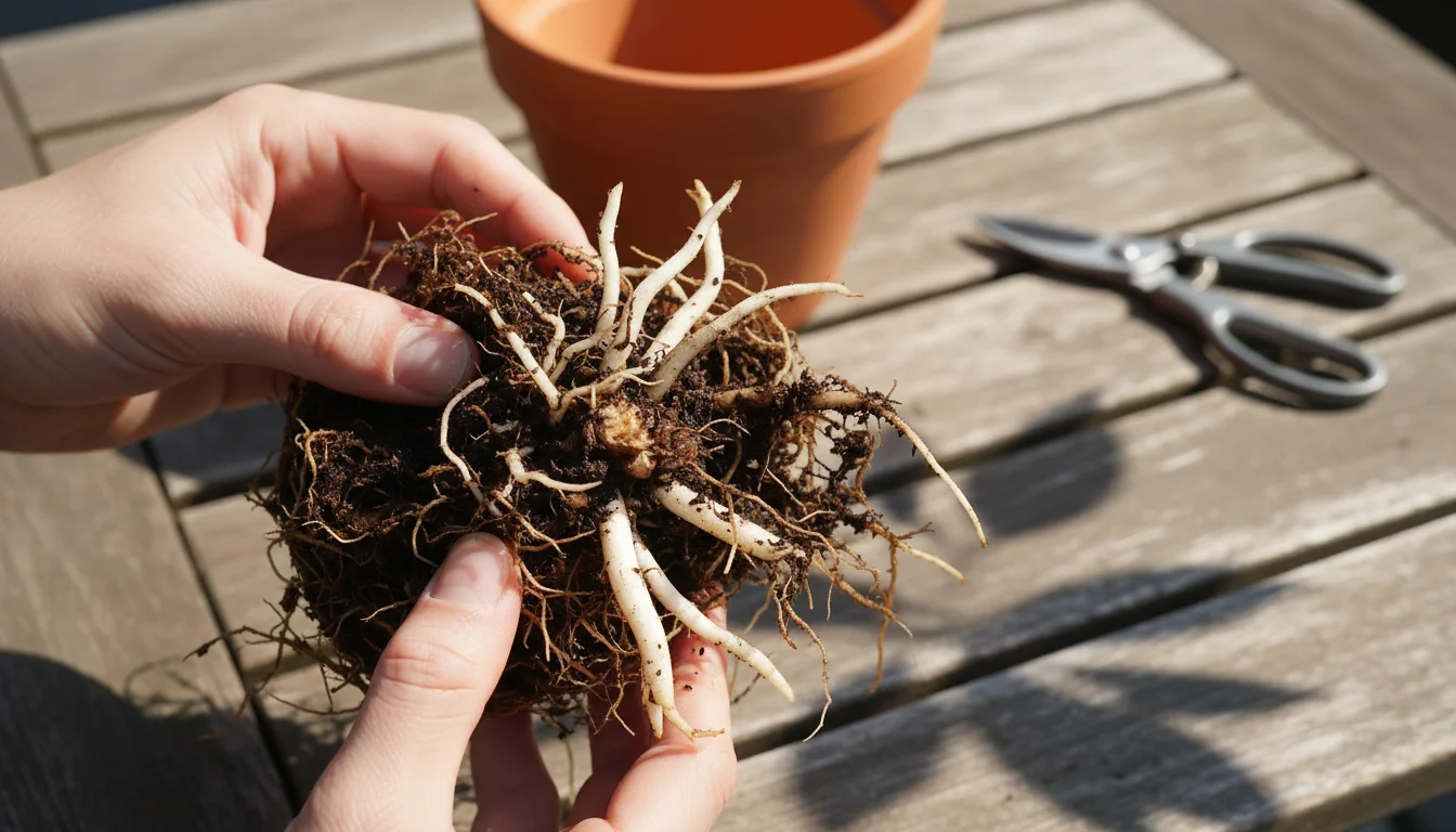 Hands carefully inspect an unpotted Camellia sinensis root ball, showing a mix of healthy white and unhealthy mushy brown roots.