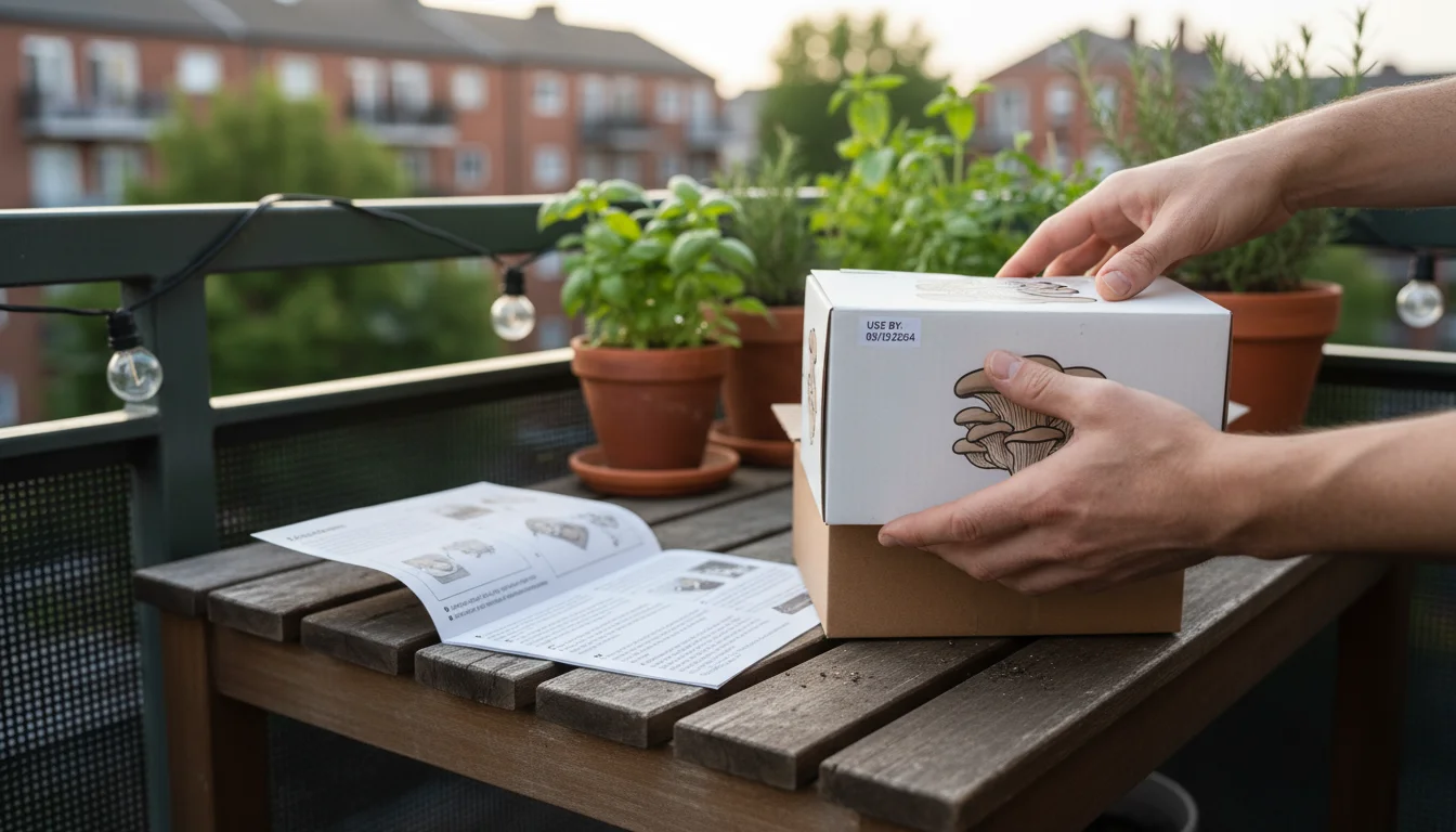 Hands inspect the 'use by' date on a new, unboxed mushroom grow kit on a wooden balcony table with instructions and fall flowers.