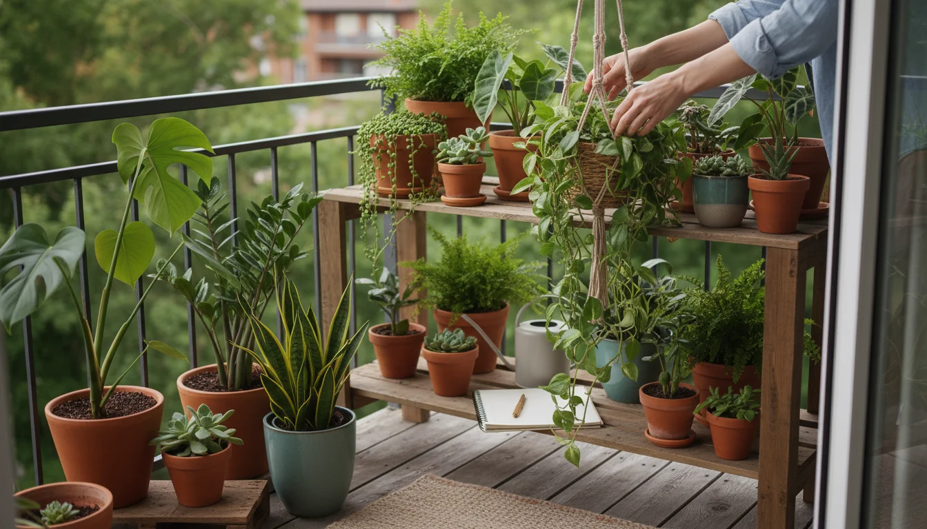 Hands gently inspect a vibrant Pothos in a hanging basket, surrounded by diverse houseplants on a tiered shelf in a sunny balcony.