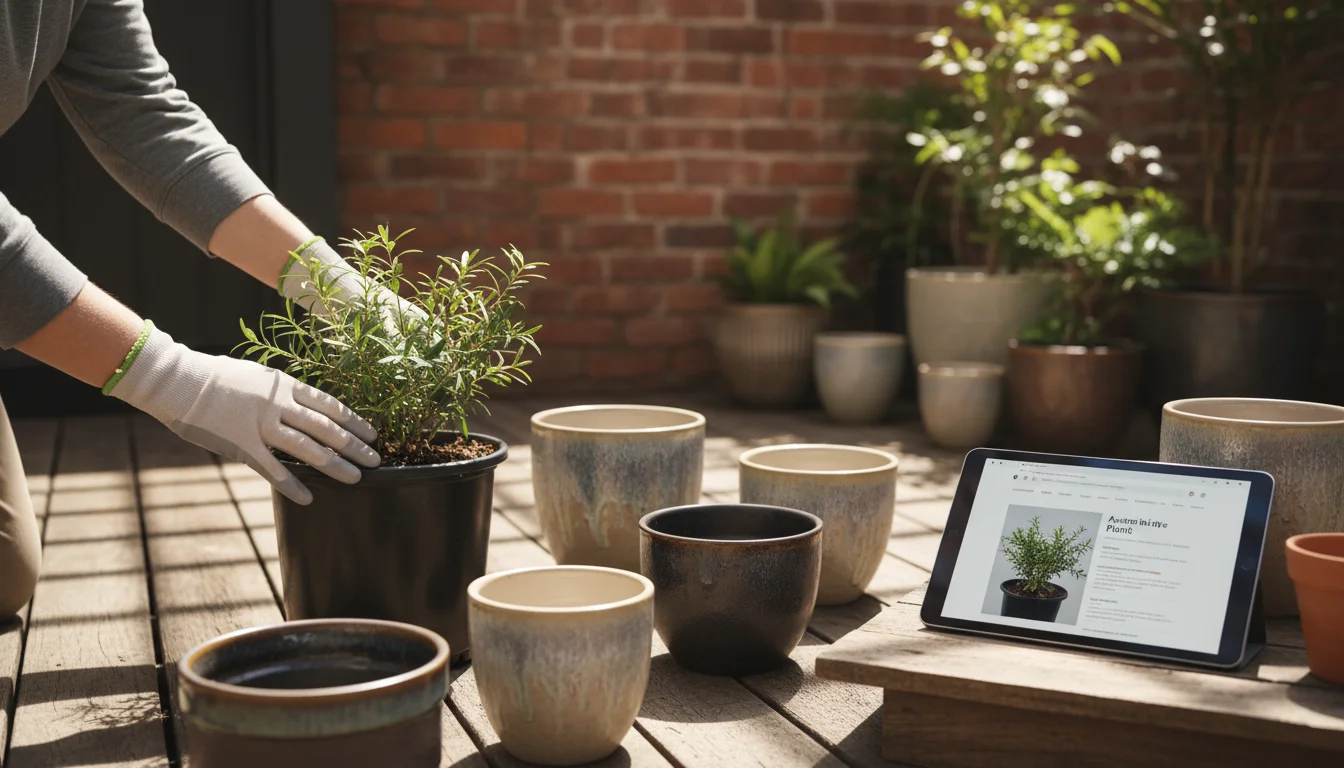 Hands inspecting a compact native plant in a pot, surrounded by empty containers and a tablet with plant info on a sunny patio.