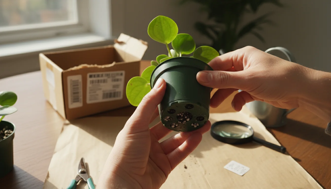 Hands inspecting the drainage holes and pot of a newly unboxed small houseplant on a counter, with shipping materials nearby.