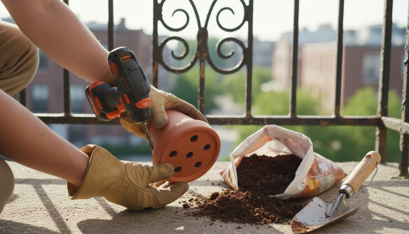 Hands inspecting drainage holes of a terracotta pot on a balcony, with a drill and potting mix bag.