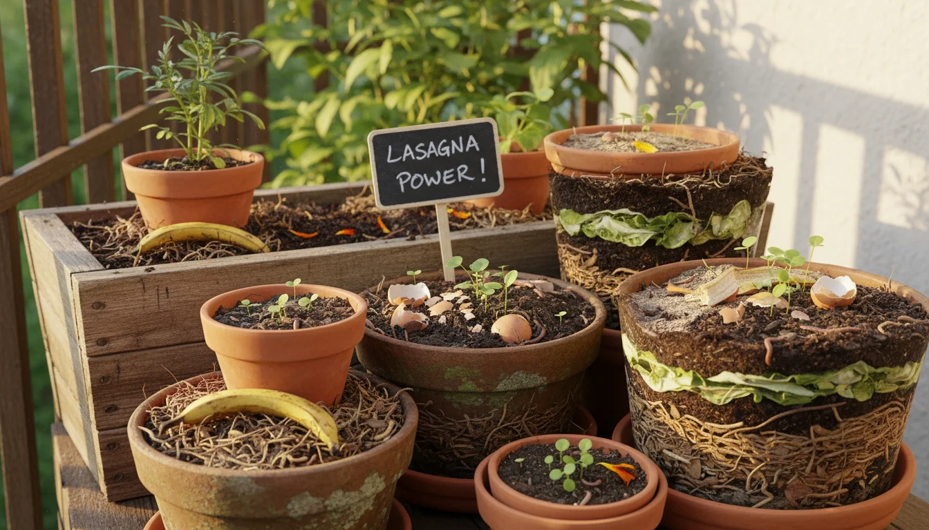 Close-up of hands inspecting healthy basil in a terracotta pot on a sunny balcony, with other composting containers and a gardening journal nearby.