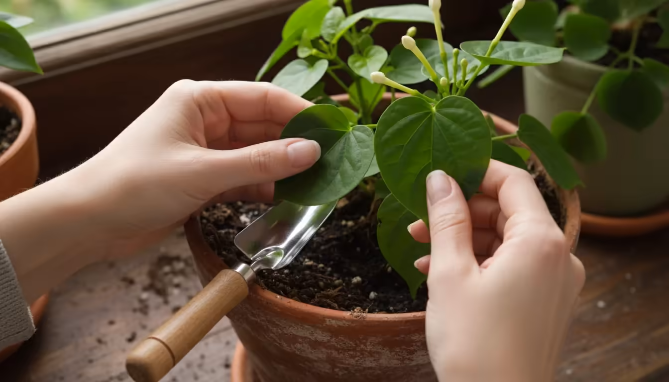 Close-up of hands inspecting leaves of a night-blooming jasmine on a balcony during late afternoon, with closed buds visible.