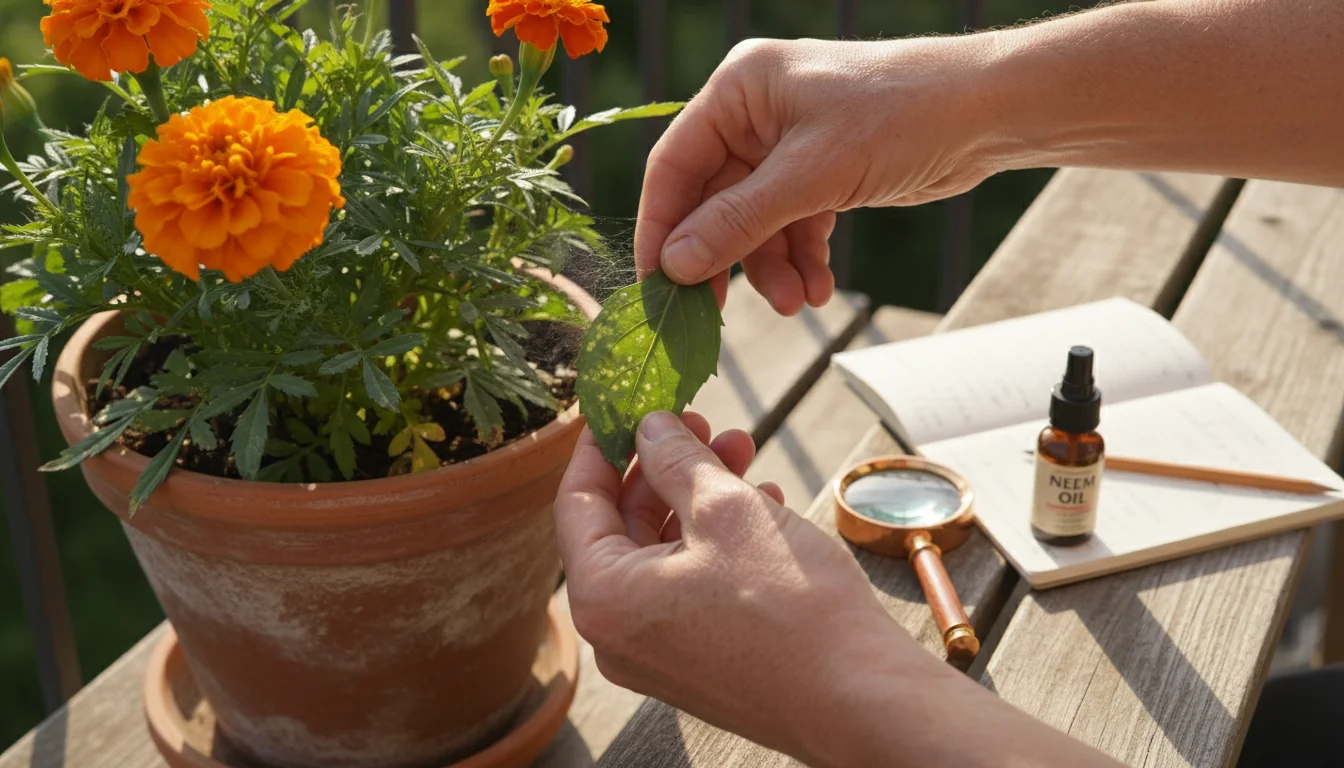 Hands inspecting a marigold leaf for spider mites, with small pruners nearby on a balcony railing.