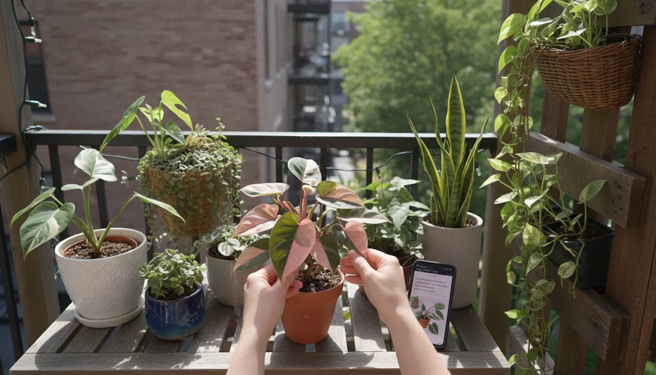 Hands inspecting a Philodendron 'Pink Princess' on a balcony, with a smartphone displaying plant care info, surrounded by diverse container plants.