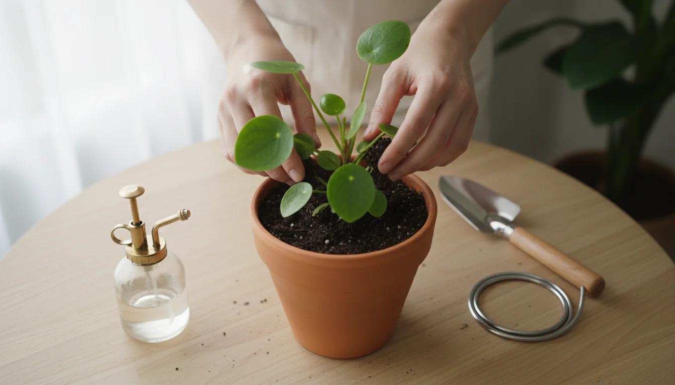 Overhead view of hands inspecting a Pilea peperomioides in a terracotta pot on a wooden table, with small gardening tools nearby.