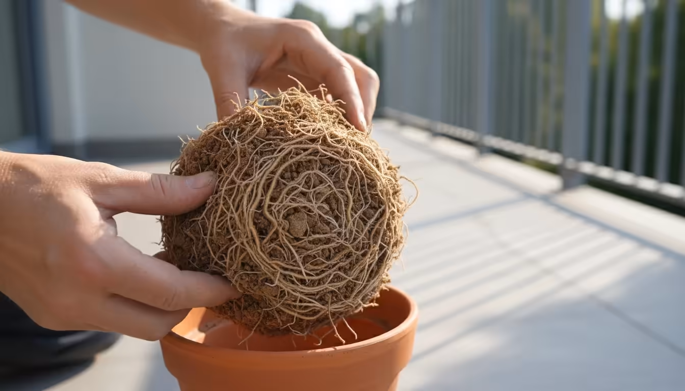 Close-up of hands gently inspecting a plant's root ball, revealing dense, circling roots and compacted soil after unpotting.