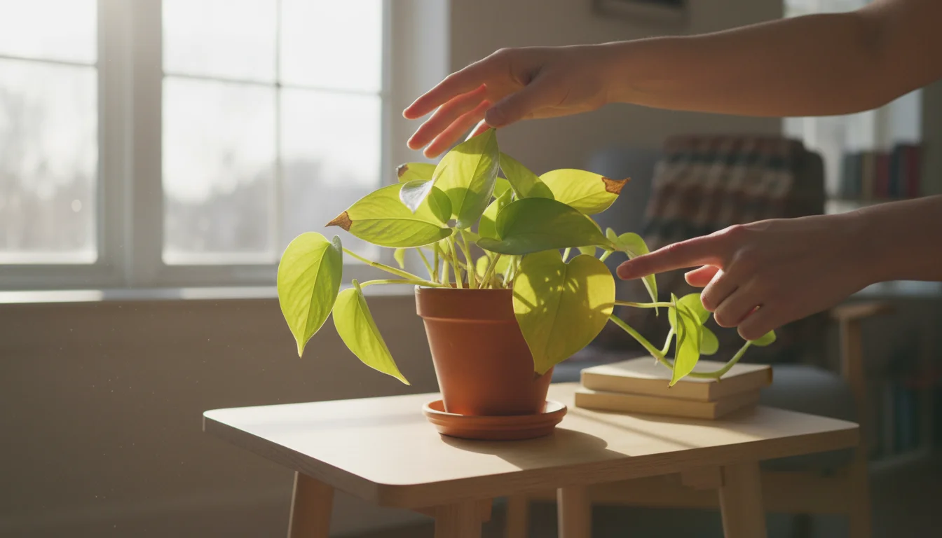 Hands inspecting a potted golden pothos plant with yellowing leaves and brown tips on a small wooden table by a sunny window.