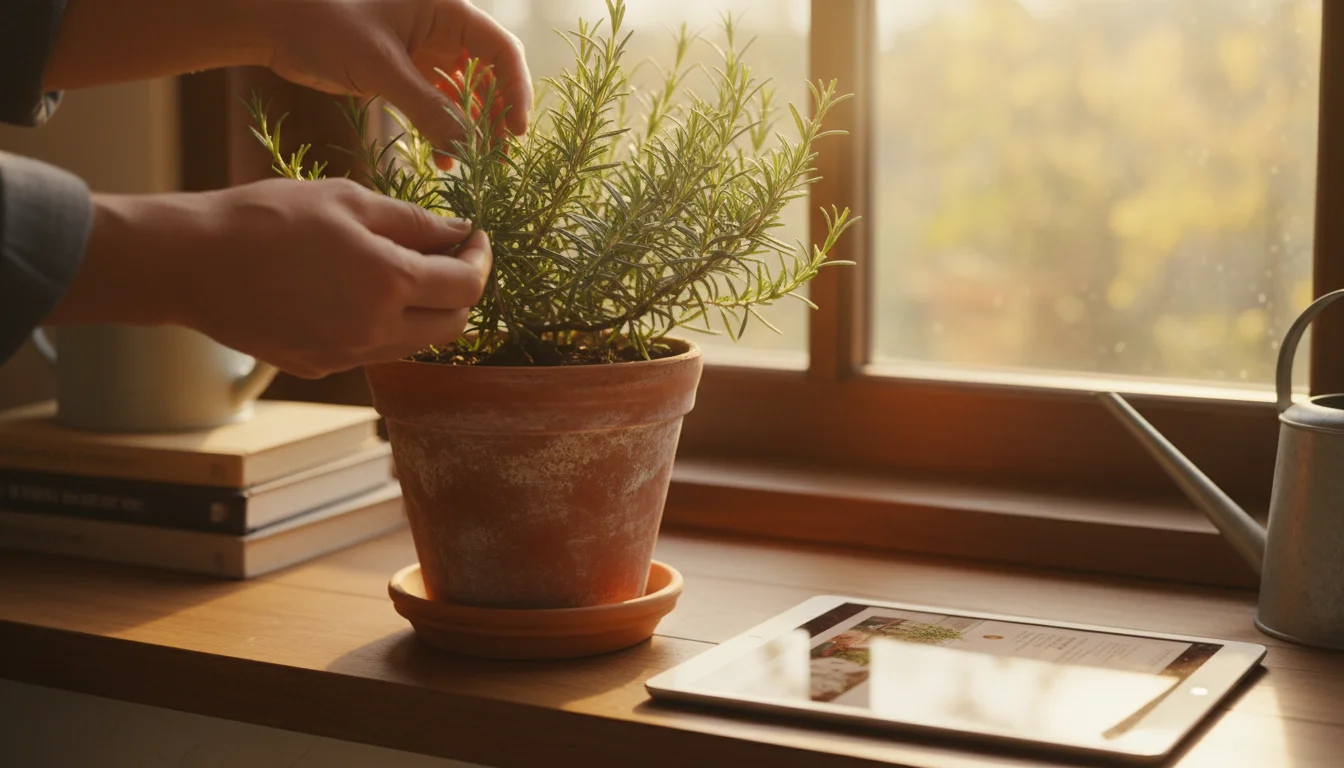 Hands gently inspecting a potted rosemary plant, with a tablet showing a gardening website nearby on a windowsill.