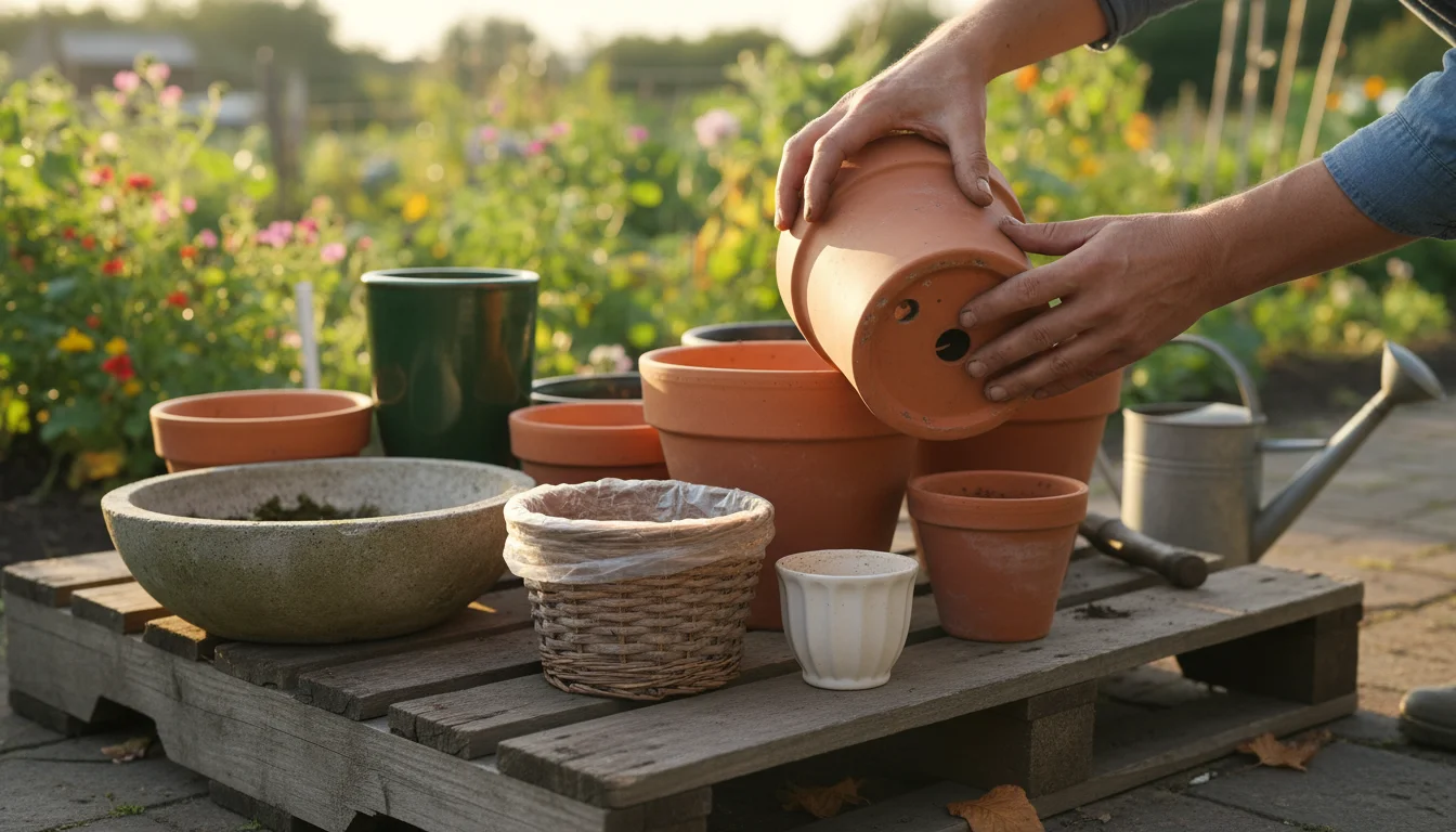Close-up of hands inspecting a terracotta pot for drainage and cracks, surrounded by other varied bargain pots on a wooden palette in warm sunlight.