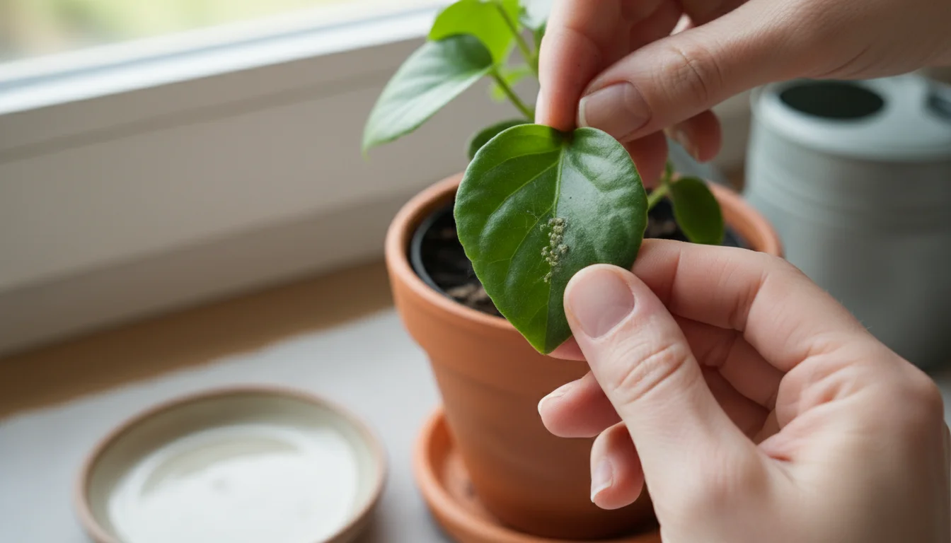 Close-up of hands inspecting the underside of a green plant leaf in a terracotta pot, revealing tiny aphids or spider mites.