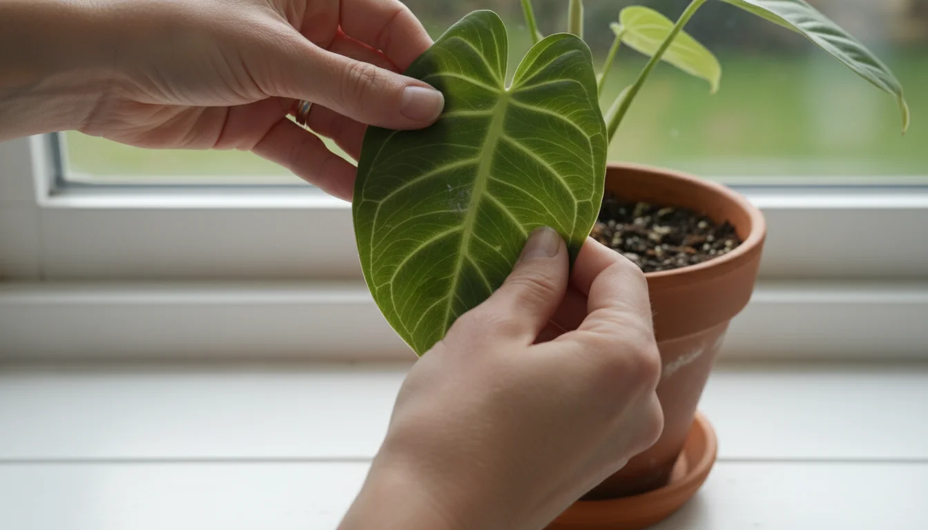 Close-up of hands inspecting the underside of a houseplant leaf in a terracotta pot on a windowsill.