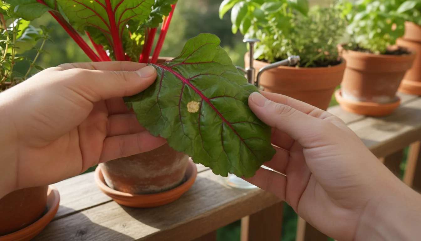 Hands inspecting the underside of a Swiss chard leaf in a terracotta pot on a balcony, showing a tiny pest or spot.