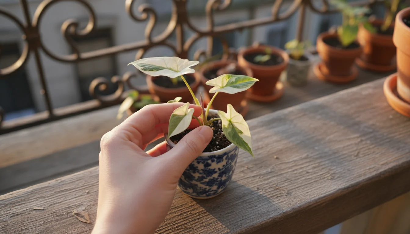Close-up of hands gently inspecting the underside of a variegated houseplant leaf on a weathered wooden railing, soft light.