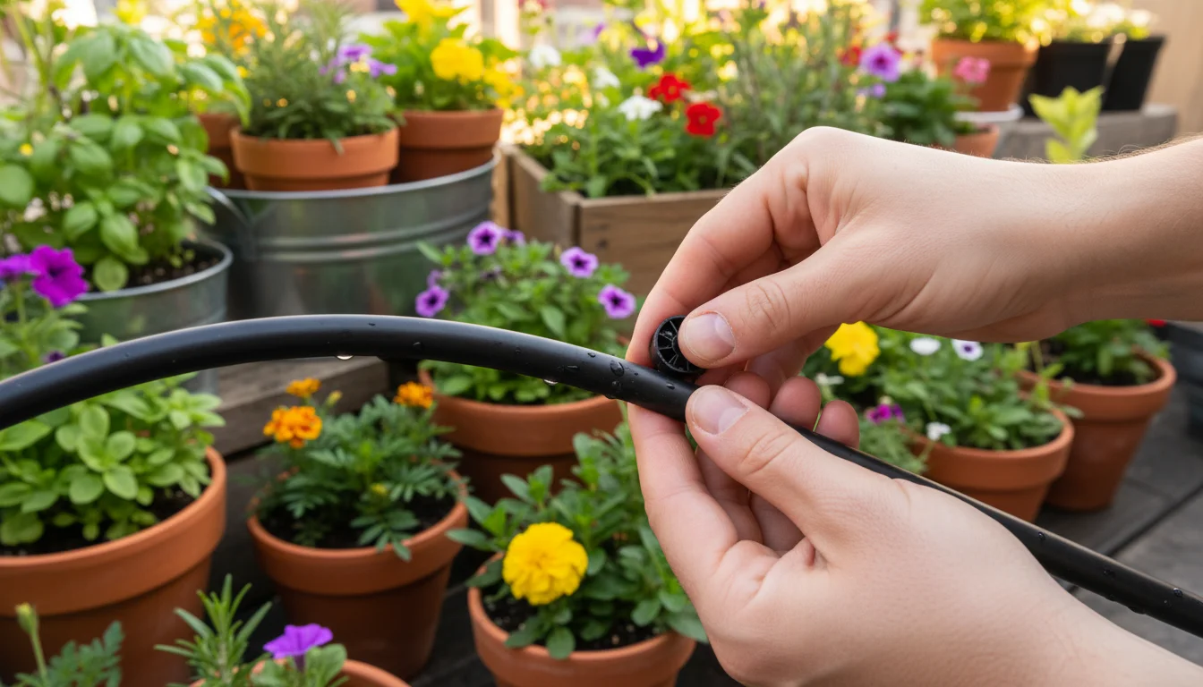 Close-up of hands installing a drip emitter into black tubing within a container garden.