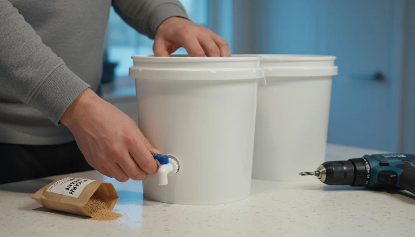 Hands installing a plastic spigot into a white bokashi bucket, with a second bucket and bokashi bran visible on a kitchen counter.