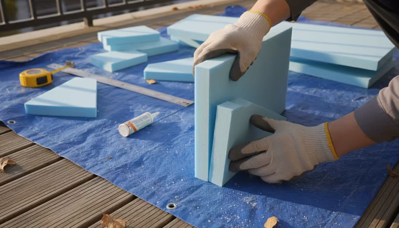 Hands joining cut rigid foam insulation panels to form a cold frame corner on a balcony, with tools and a potted plant nearby.