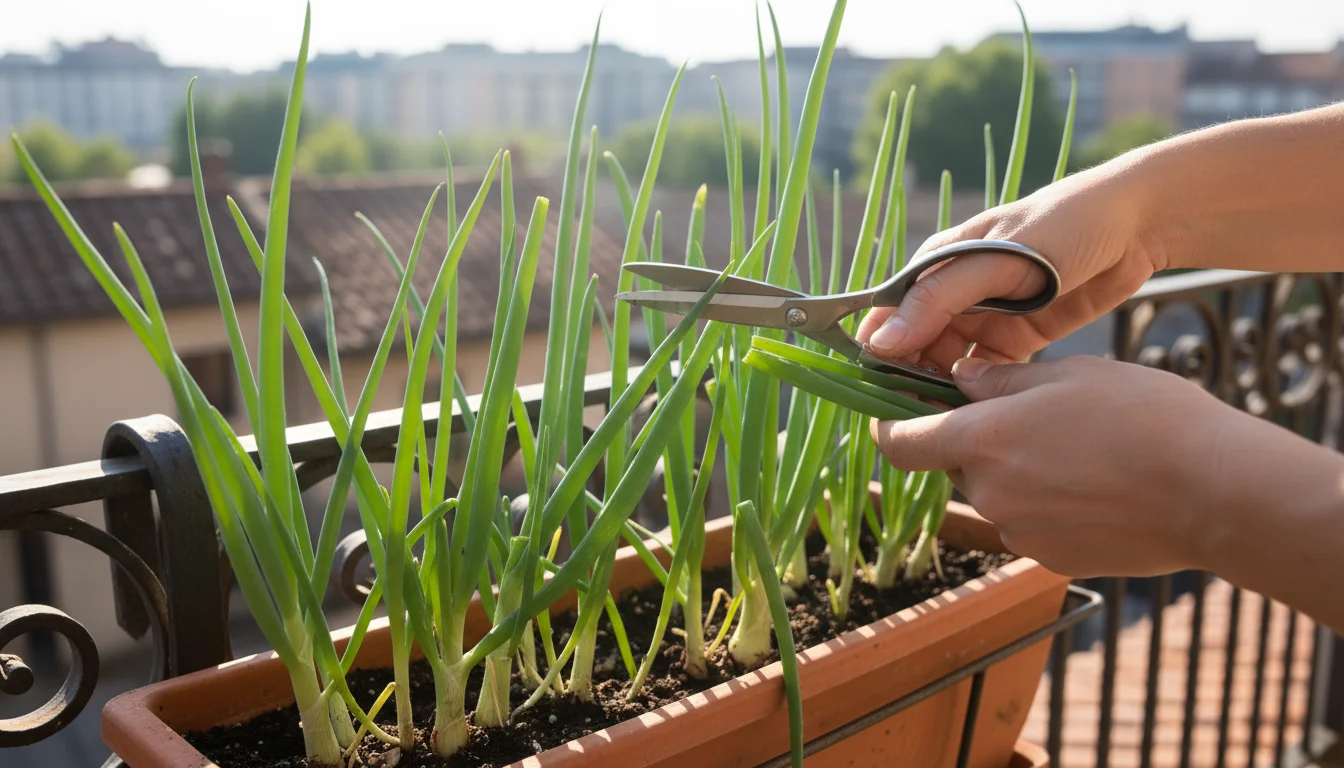 Hands with kitchen shears trim green onions in a terracotta window box on a sunny balcony railing.