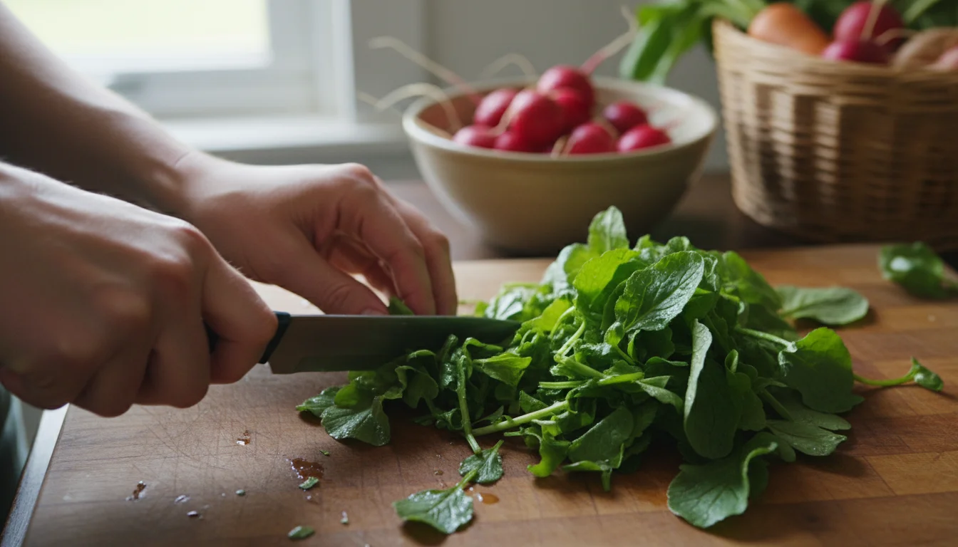 Hands with a knife chop vibrant, freshly washed radish greens on a wooden cutting board, with a blurred balcony garden in the background.