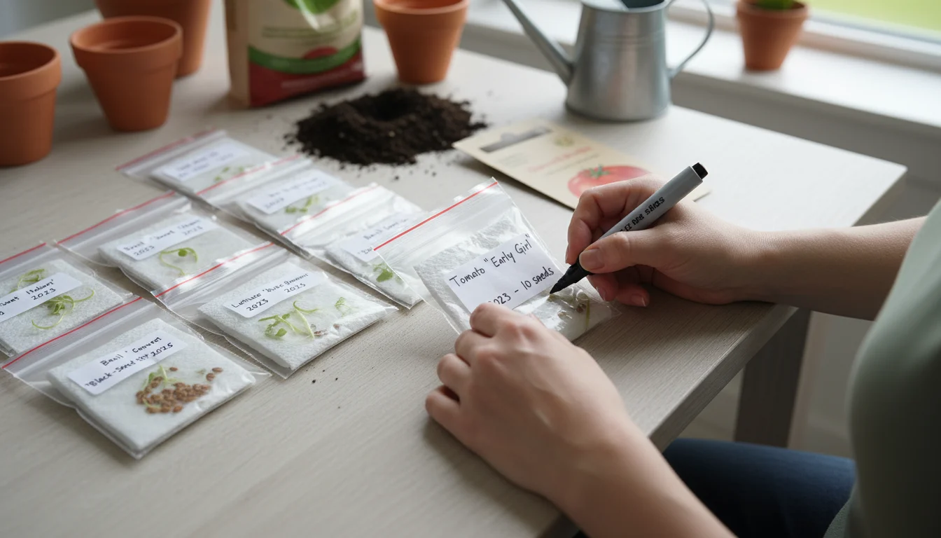 Hands label a clear zip-top bag for a seed test. Several neatly organized, labeled bags with damp paper towels and seeds are on a kitchen counter.