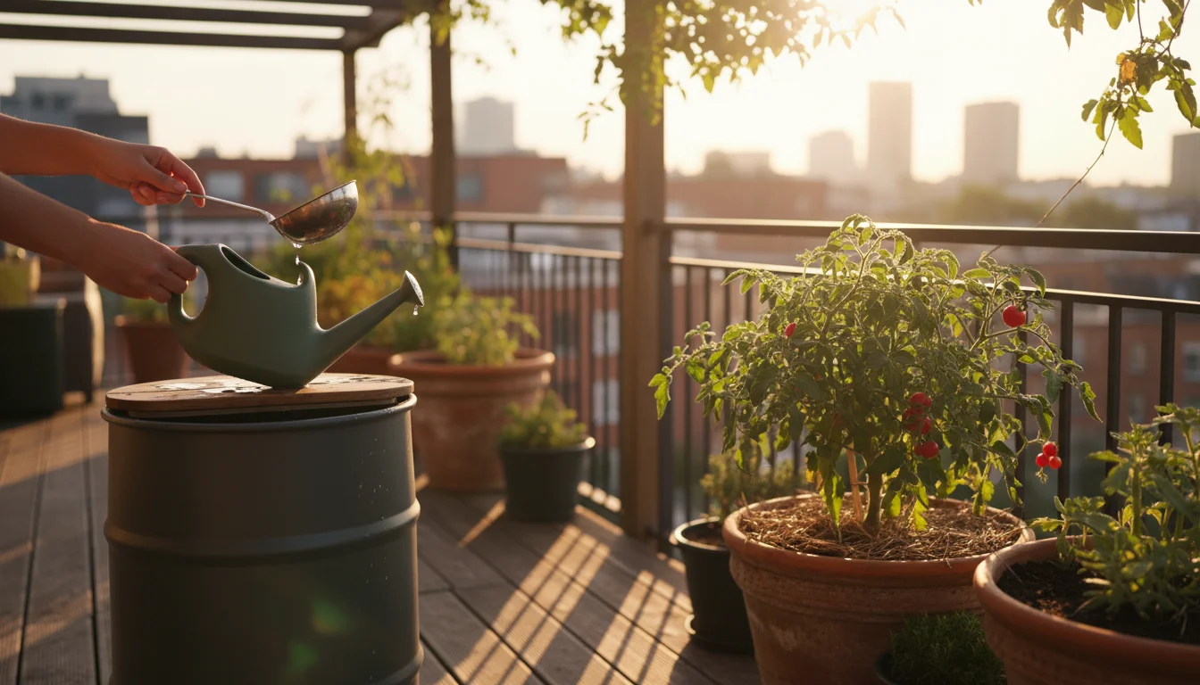 Hands ladle rainwater from a compact barrel into a watering can on an urban balcony with a mulched micro-tomato plant.