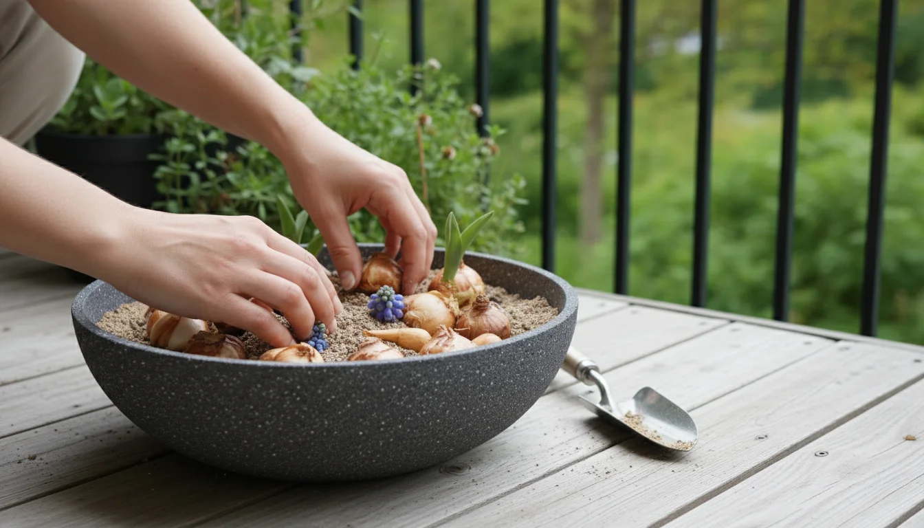 Hands layering assorted spring bulbs into a dark gray fiber-cement planter on a patio.