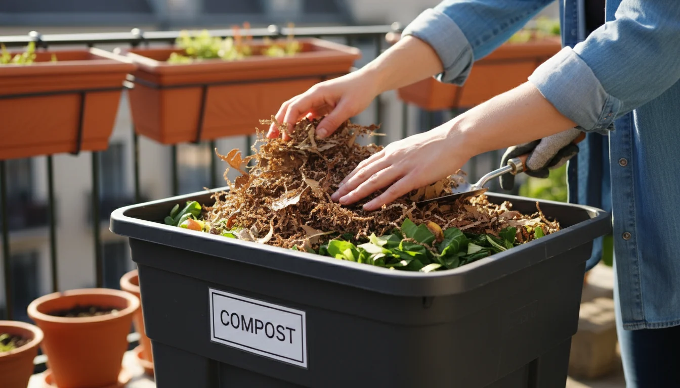 Hands layering shredded cardboard and green kitchen scraps into a dark grey container compost bin on an urban balcony, about to moisten the layer.
