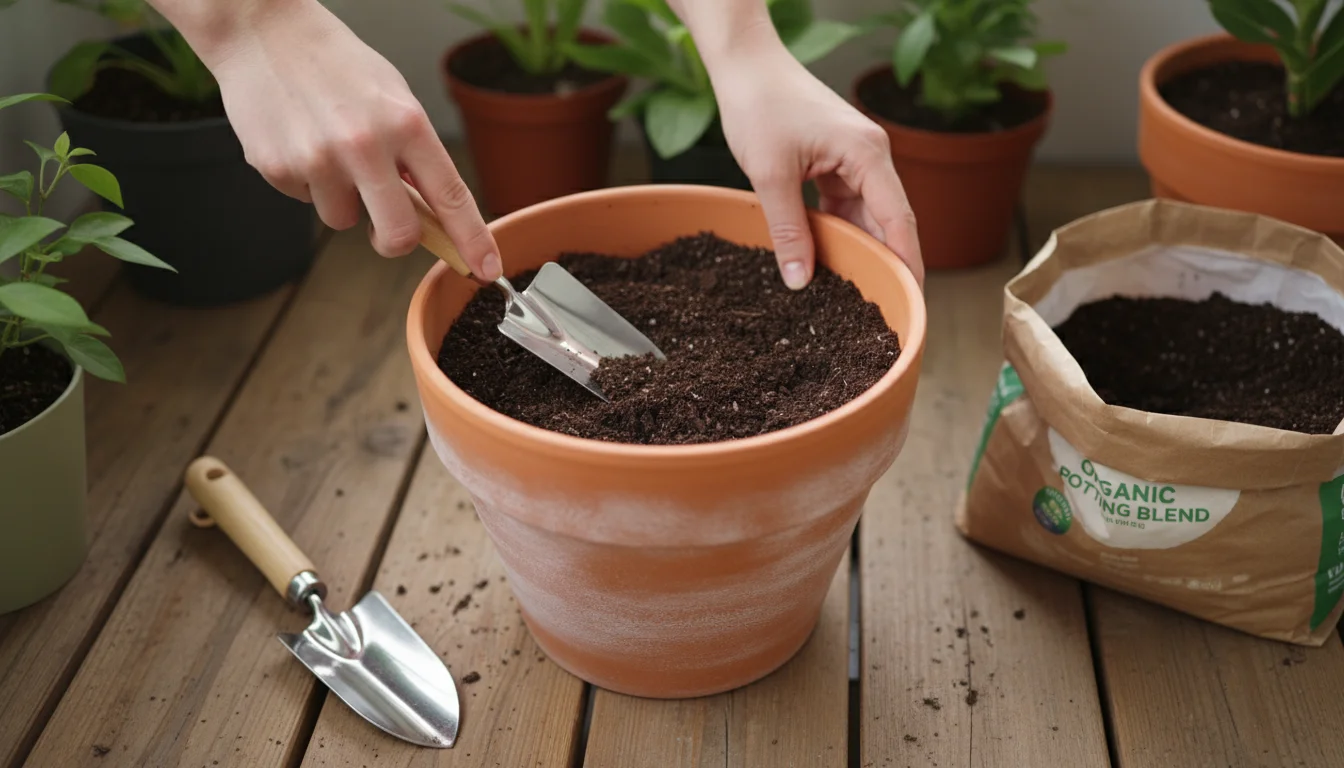Hands gently leveling fresh potting soil into a clean terracotta pot on a balcony, with a trowel and soil bag nearby, in late afternoon light.