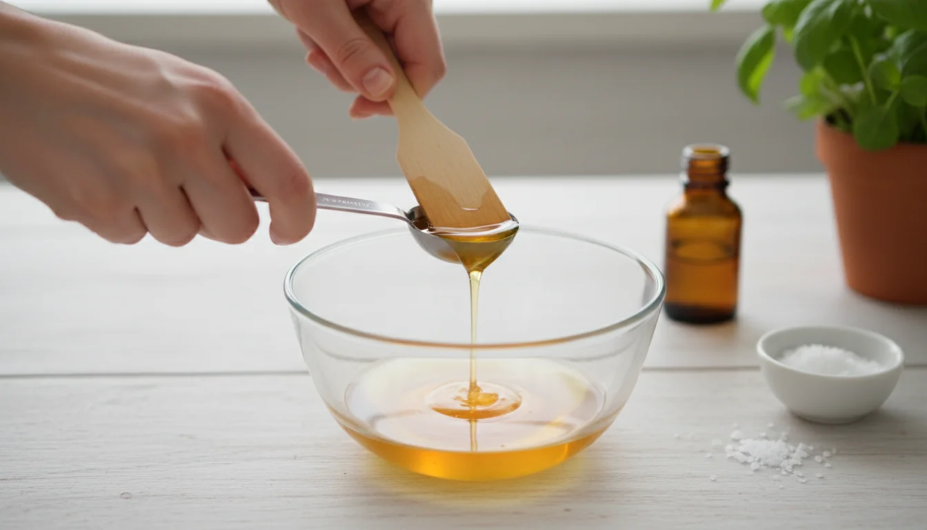 Close-up of hands carefully leveling a measuring spoon over a glass mixing bowl, with plant and ingredients blurred in background.