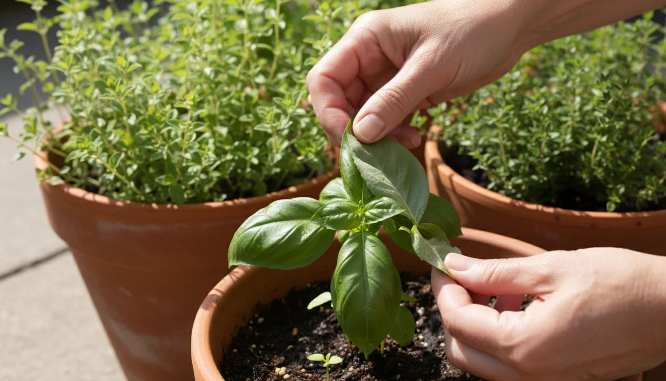 Hands gently lift a basil leaf in a terracotta 'pizza pot,' meticulously inspecting its underside for early signs of pests or disease.