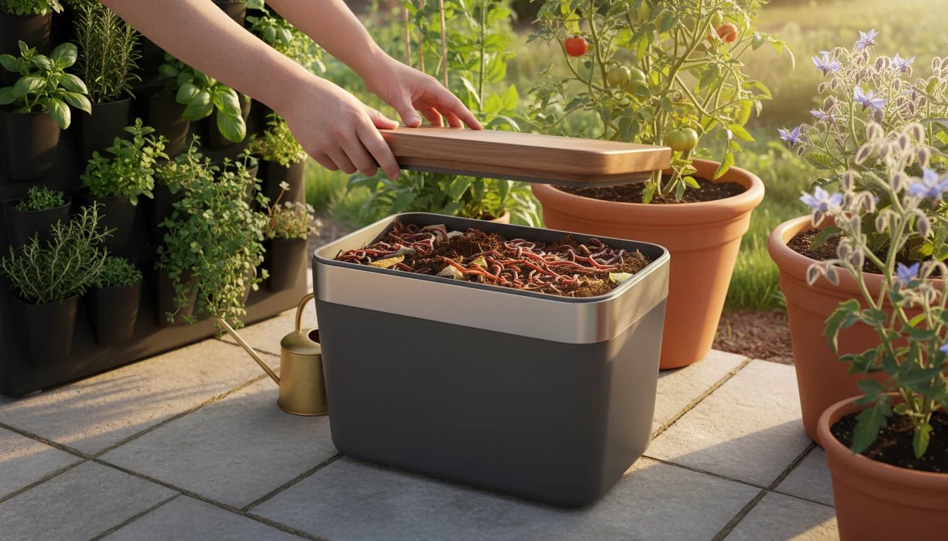 Hands gently lift the dark wooden lid of a compact vermicomposter on a light stone patio, with blurred container plants in golden hour light.