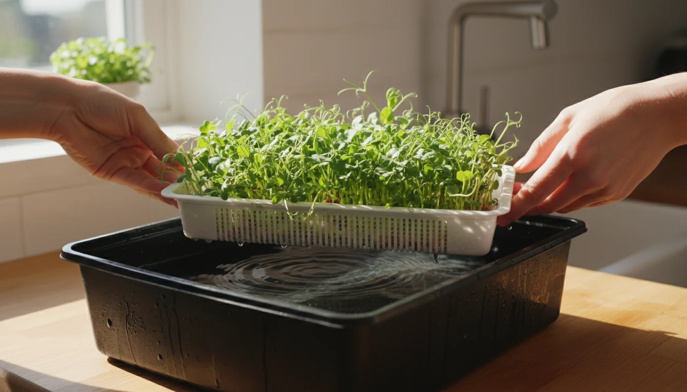 Hands lift a lush microgreen tray from a bottom watering reservoir on a kitchen counter; excess water drains, leaving foliage dry and soil moist.