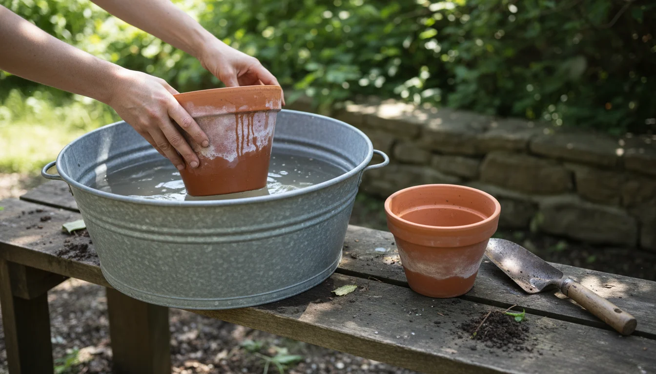 Hands lift a mineral-stained terracotta pot from a tub of water, next to a scrub brush and another pot on a patio.