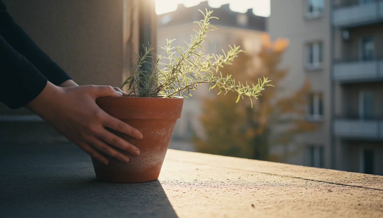 Hands gently lift a pale rosemary plant in a terracotta pot from a balcony's shady corner towards a sunlit concrete patch.