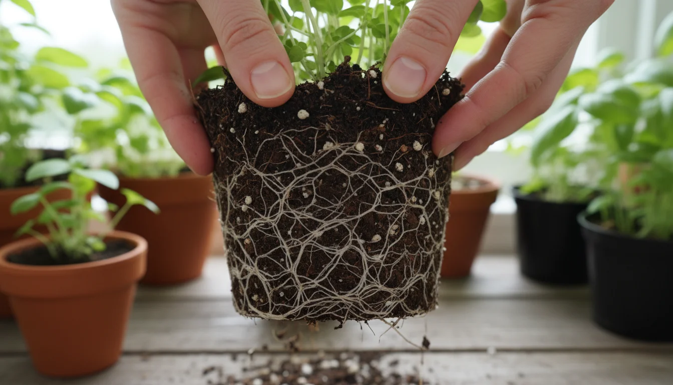 Hands carefully lift a potted herb, revealing a healthy root ball and dark, granular peat-free soil. Other plants are neatly spaced in the background.