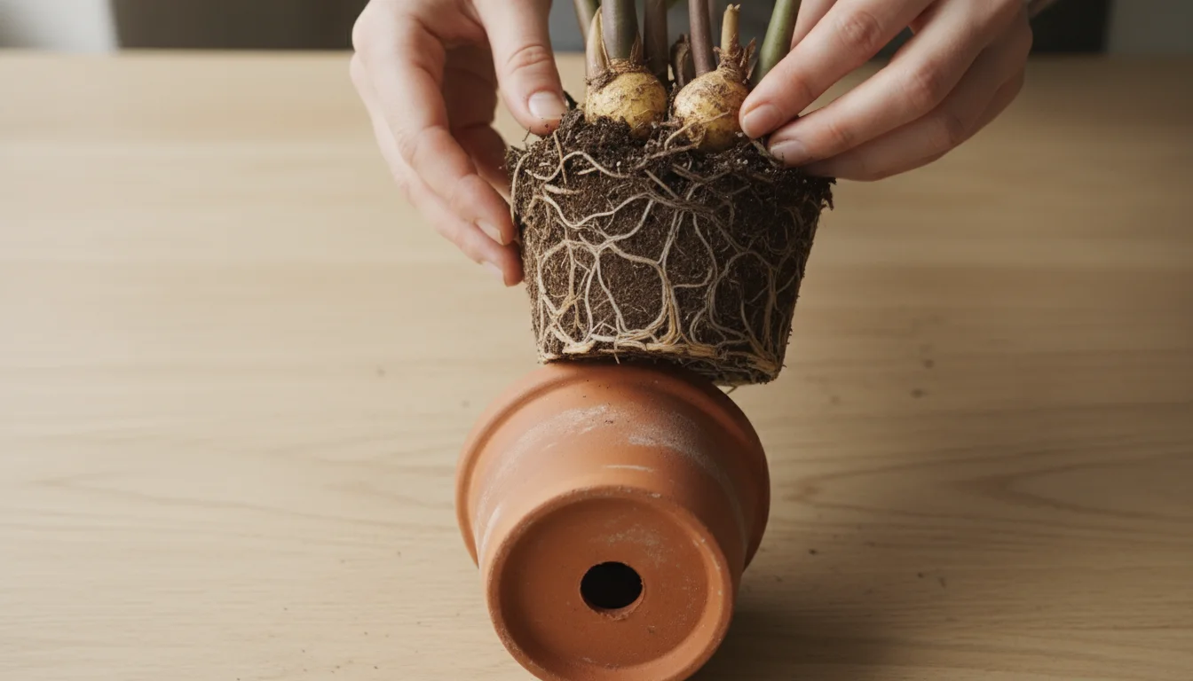Hands gently lift a small ZZ plant from a terracotta pot, revealing its root ball and the pot's drainage hole.