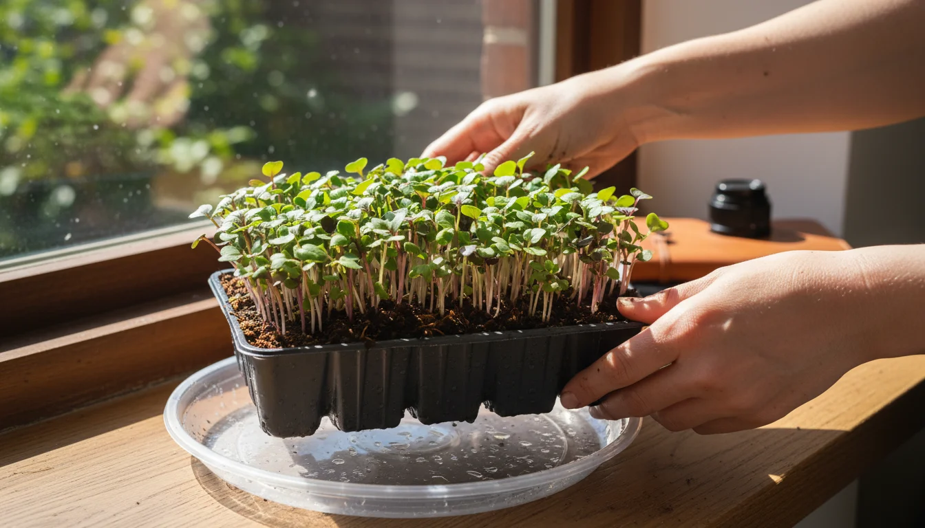 Hands gently lift a small tray of vibrant green microgreens from a larger water-filled saucer on a sunlit windowsill, demonstrating bottom-watering.