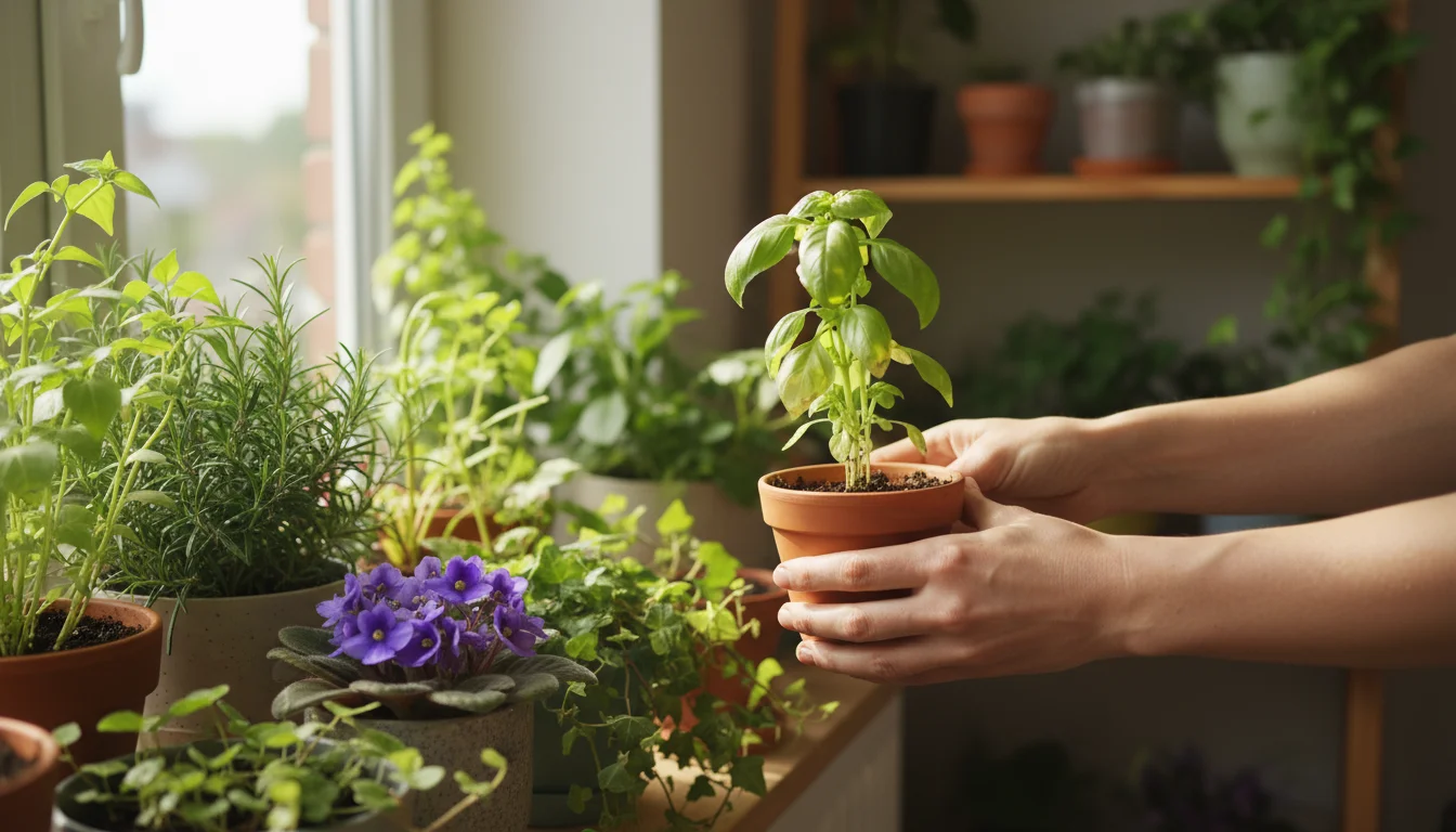 Hands gently lift a small, slightly yellowed herb plant in a terracotta pot, moving it away from other green plants on a sunny windowsill.