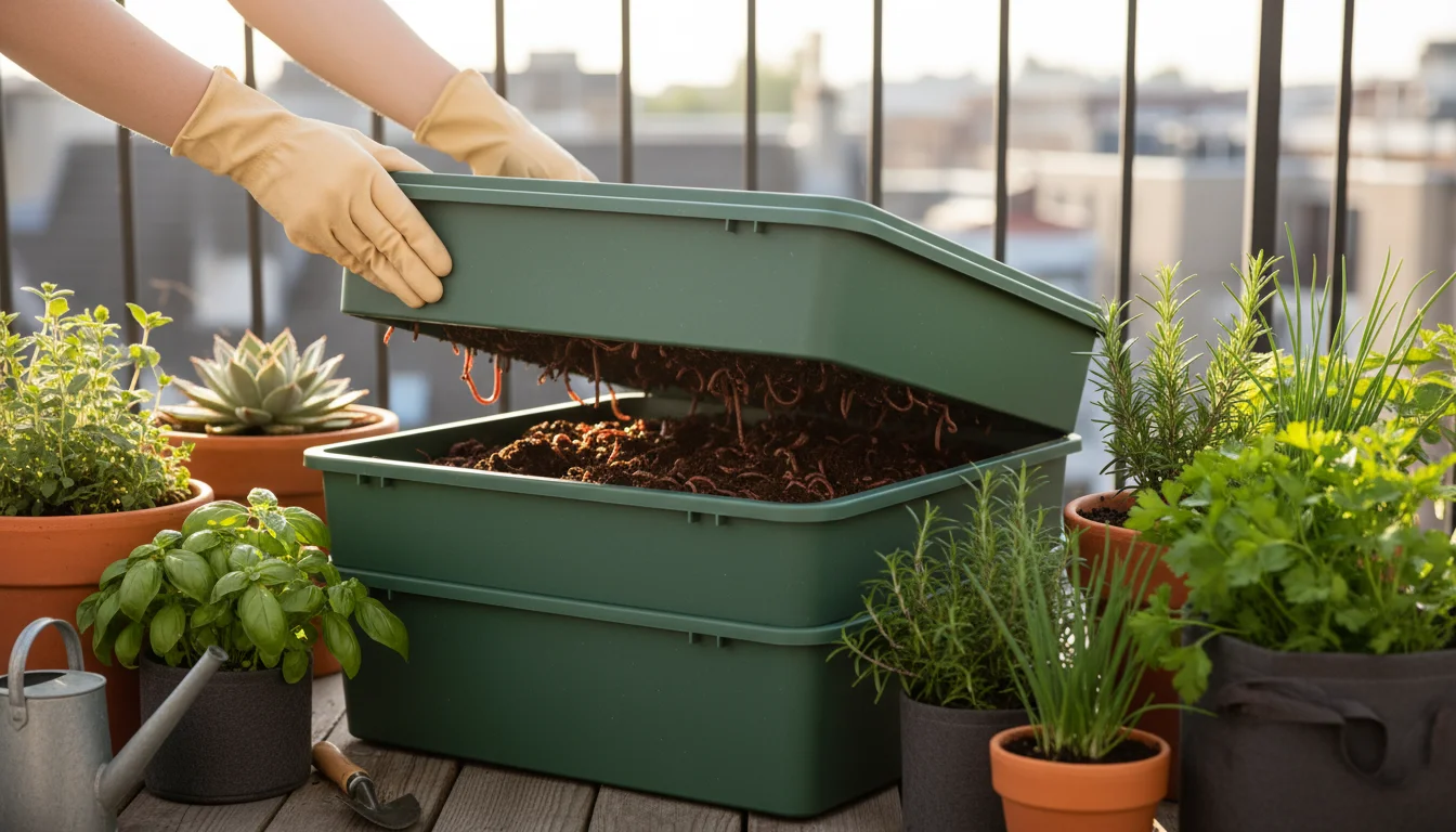 Hands gently lift a stackable tray from a dark green commercial worm bin on an apartment balcony, revealing finished compost and worms below.