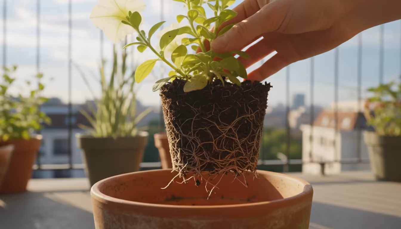 Hands gently lift a stressed plant from a terracotta pot on a sunny balcony, exposing its dense, root-bound root ball.