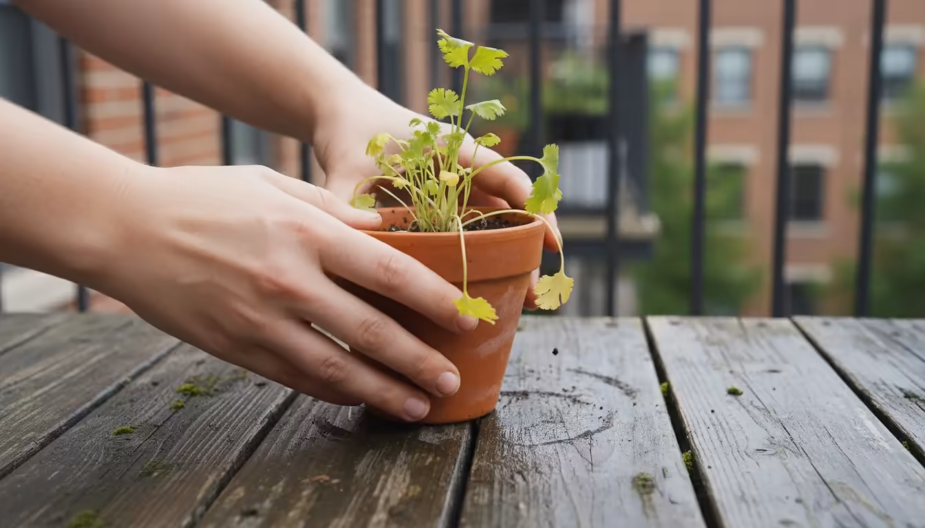 Hands lift a terracotta cilantro pot, revealing a wet drainage hole and yellowed leaves, suggesting overwatering or poor drainage.