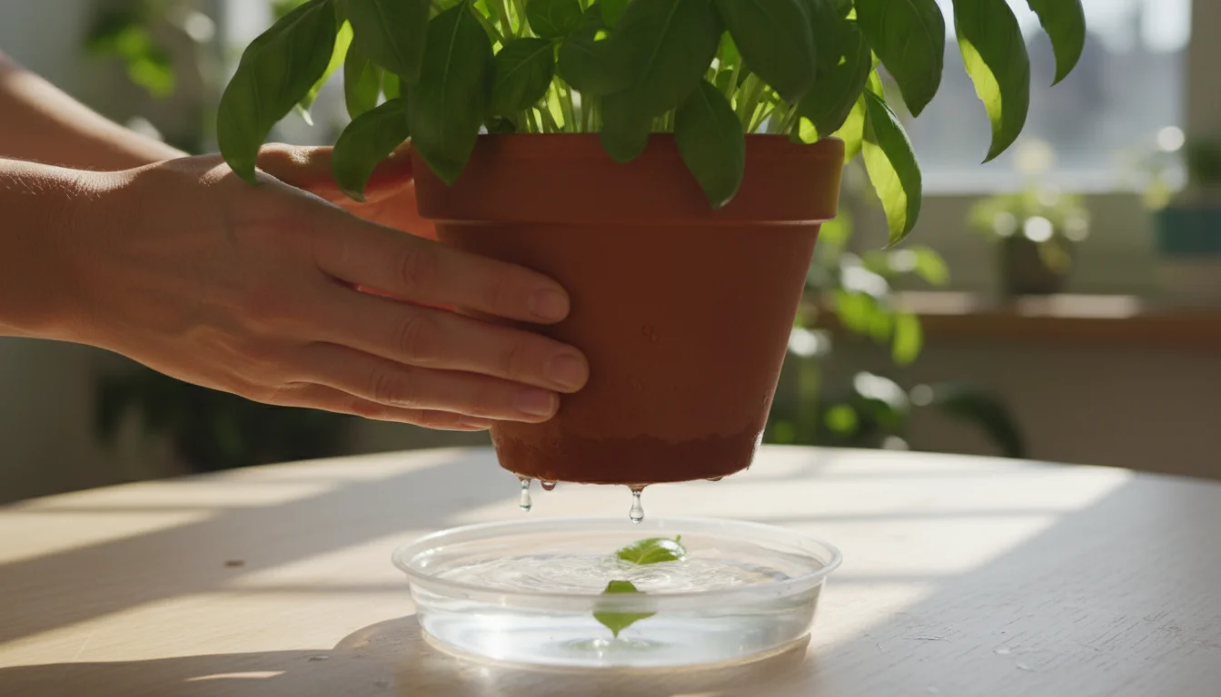 Hands lift a terracotta pot with a vibrant basil plant from a clear saucer full of recently drained water on a stone patio.