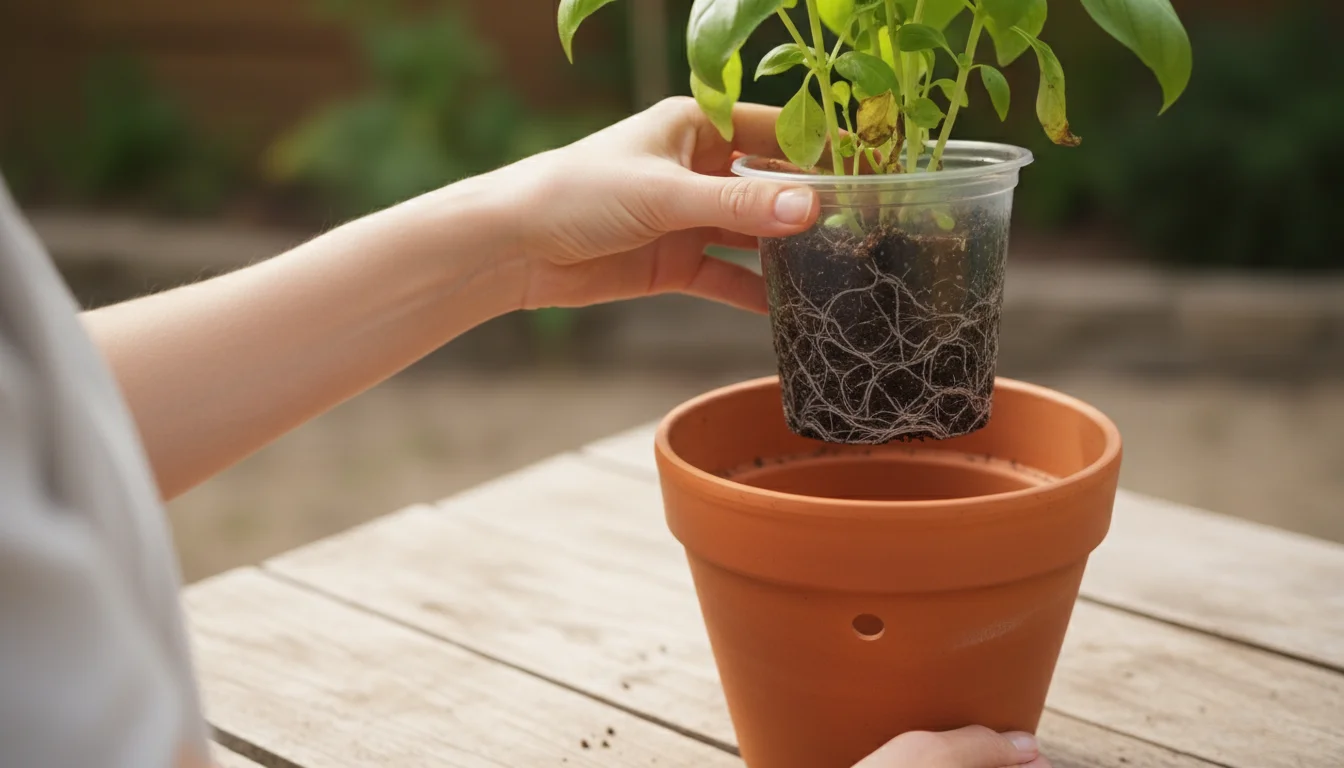 Close-up of hands gently lifting a basil plant from its nursery pot, revealing roots, with a new terracotta pot containing fresh soil in the foregroun