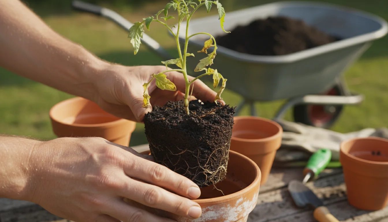 Hands gently lifting a container plant with yellowing, droopy leaves from its terracotta pot, revealing dark, saturated soil and discolored roots.