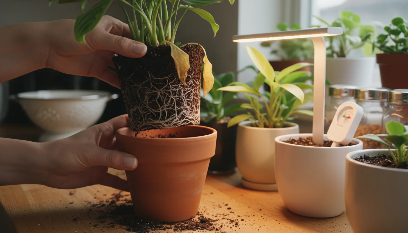 Hands gently lifting a houseplant with yellow leaves from its pot, revealing circling roots. A grow light and moisture meter are visible.