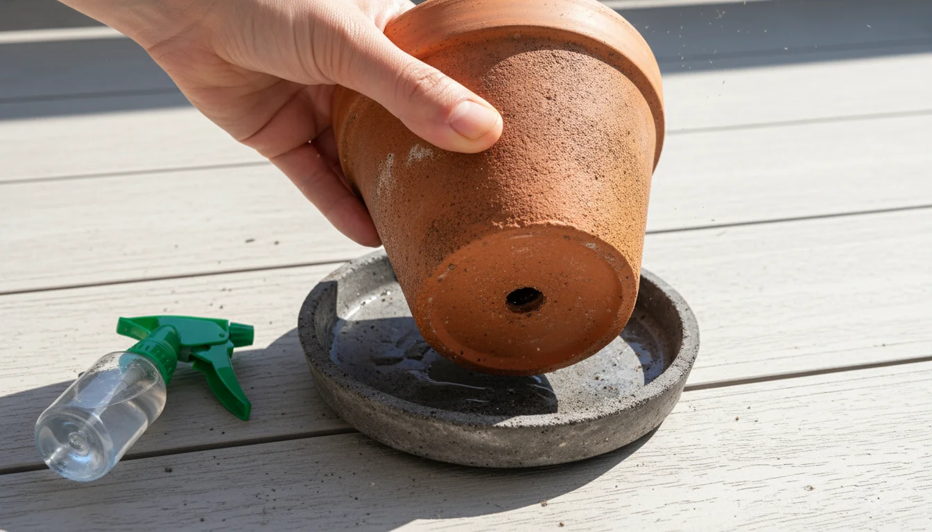 Hands lifting a small potted herb from its saucer on a balcony deck, inspecting the pot's underside and saucer for spider mites.